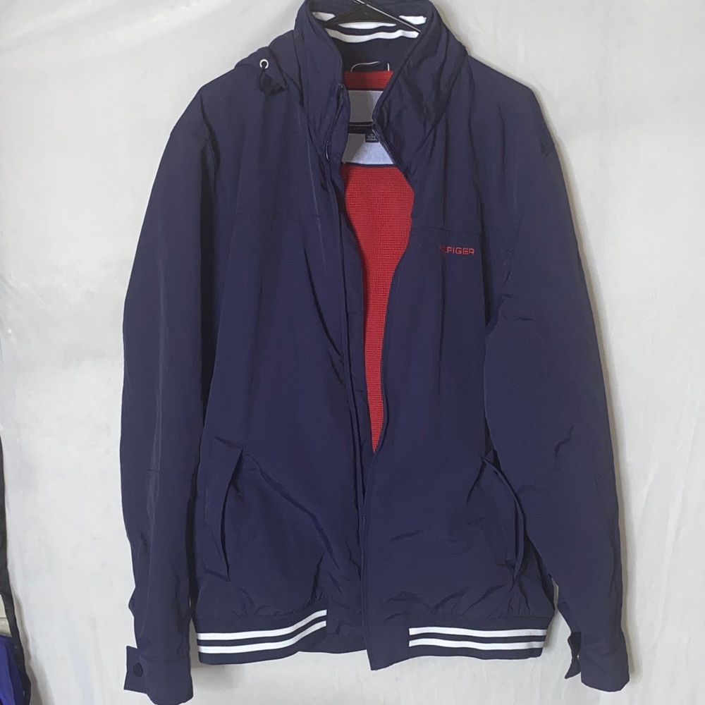 Tommy Hilfiger Navy Blue Windbreaker - Red Accents - Men's XL